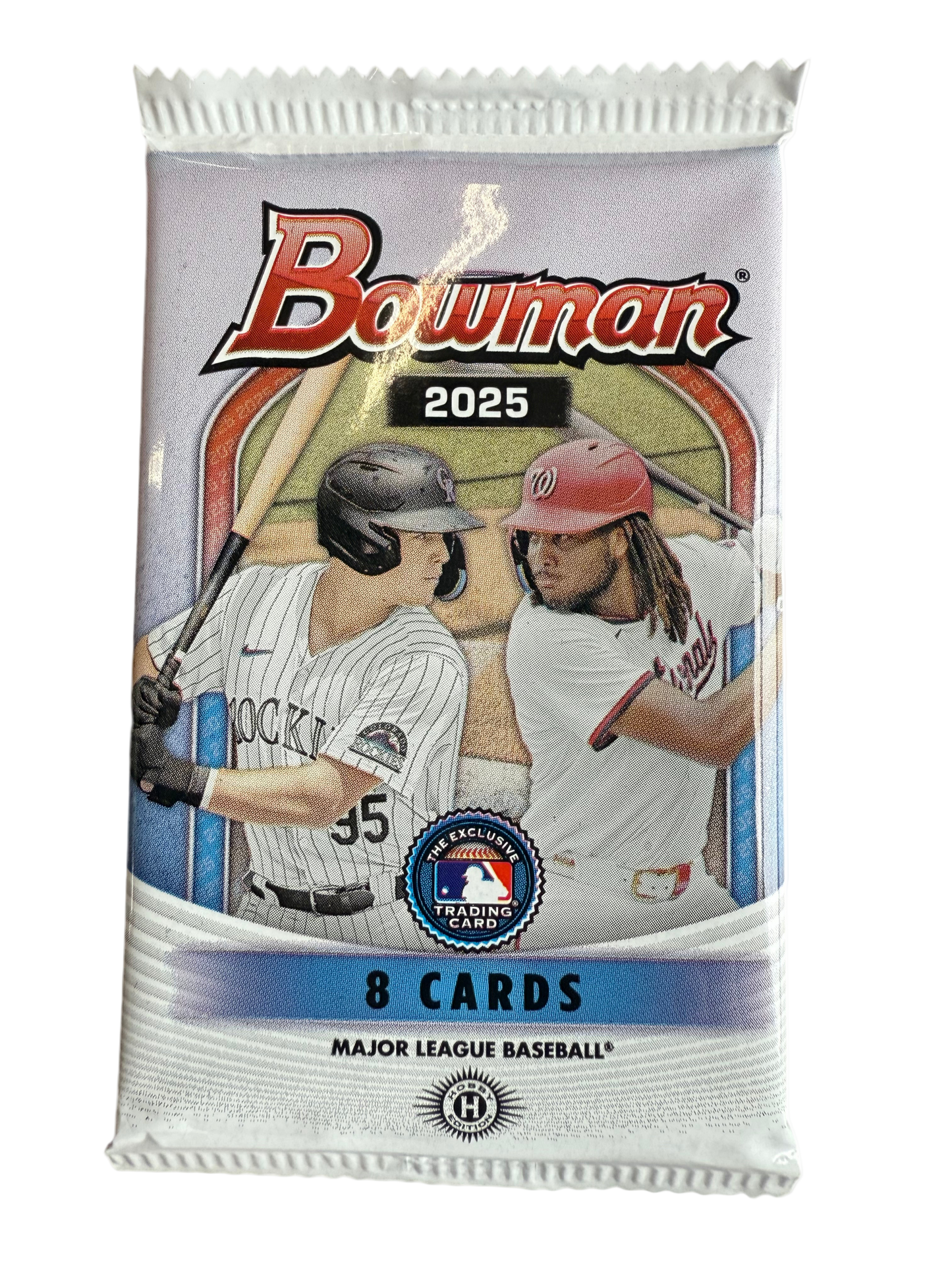 Bowman 2025 baseball trading card pack with two players on the front.