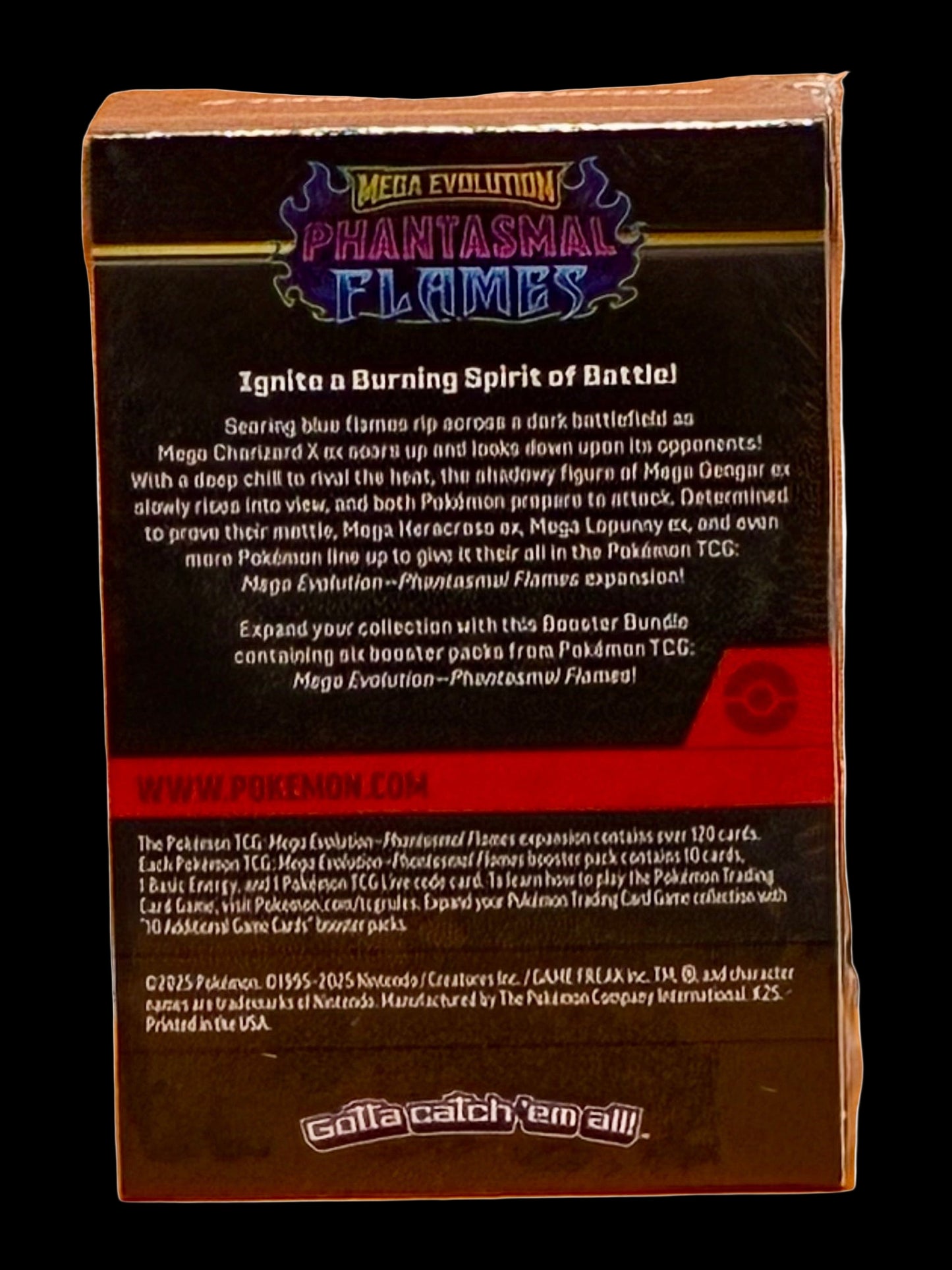 Pokémon trading card game booster pack with 'Phantasmal Flames' text on the back