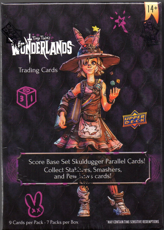 Trading card pack featuring a character from 'Wonderlands' with promotional text on a dark background.