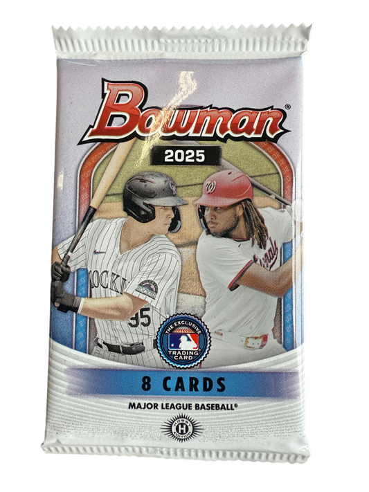 Bowman 2025 baseball trading card pack with two players on the front.