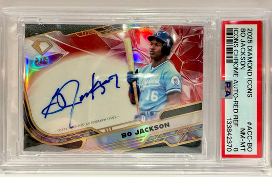 Baseball trading card of Bo Jackson in a protective case with a white background