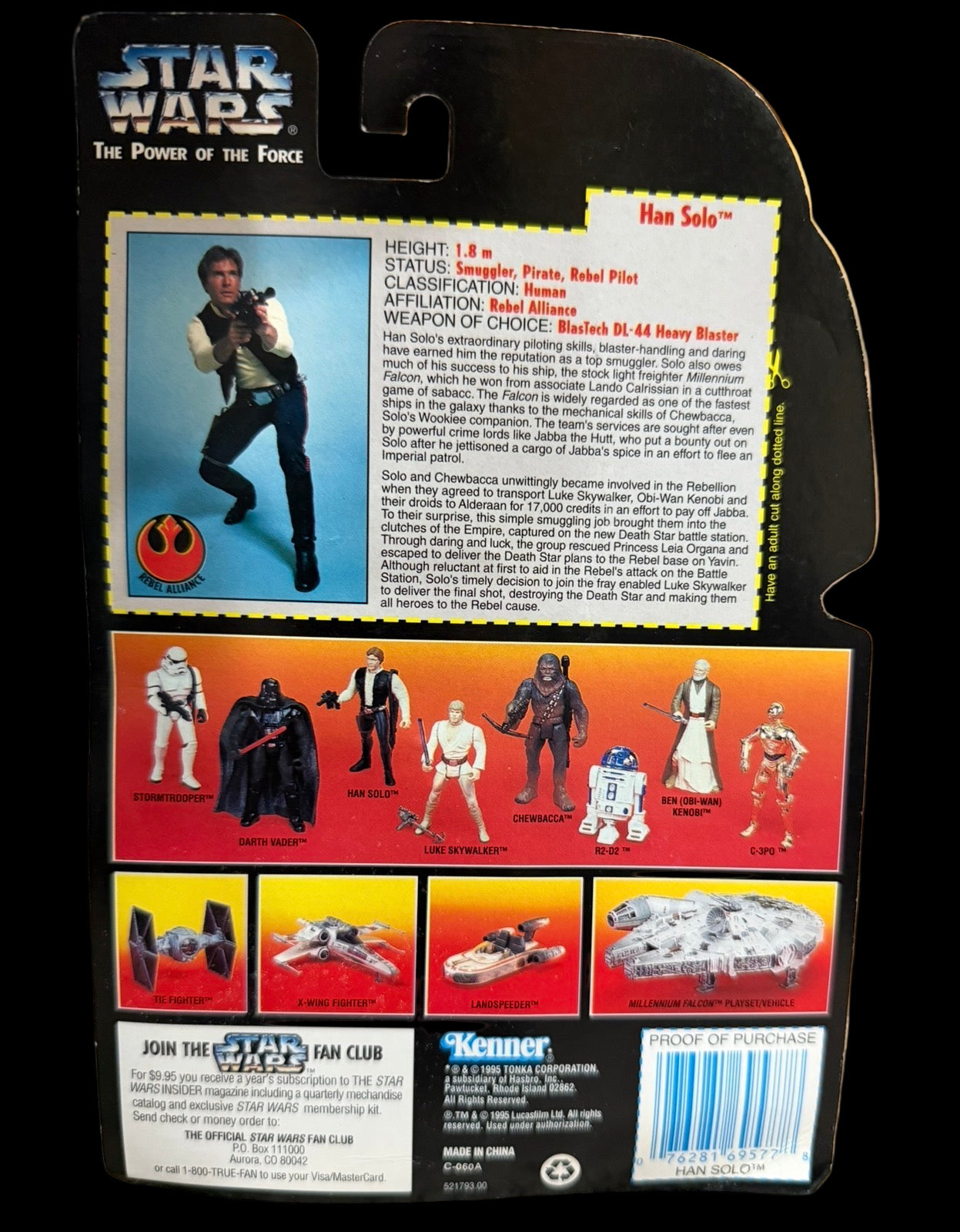 Back of a Star Wars action figure packaging with character illustrations and text.