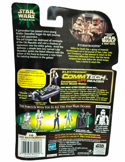Star Wars Power of the Force – Stormtrooper (Battle Damage) with Blaster Rifle Rack – 1999 Hasbro CommTech Chip Edition
