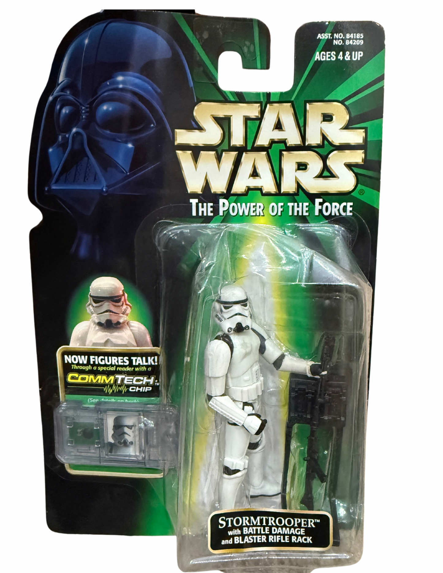 Star Wars Power of the Force – Stormtrooper (Battle Damage) with Blaster Rifle Rack – 1999 Hasbro CommTech Chip Edition