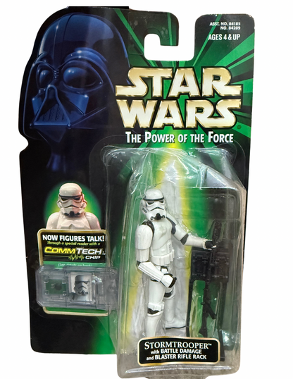 Star Wars Power of the Force – Stormtrooper (Battle Damage) with Blaster Rifle Rack – 1999 Hasbro CommTech Chip Edition