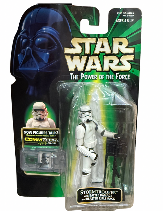 Star Wars Power of the Force – Stormtrooper (Battle Damage) with Blaster Rifle Rack – 1999 Hasbro CommTech Chip Edition