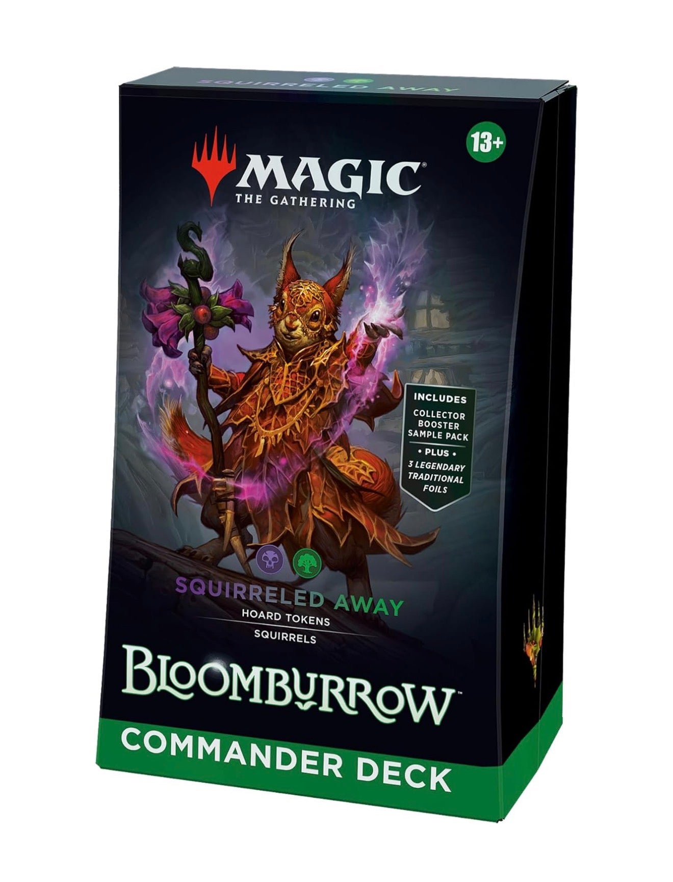 Magic the Gathering Bloomburrow Commander Deck packaging with character illustration on a black background