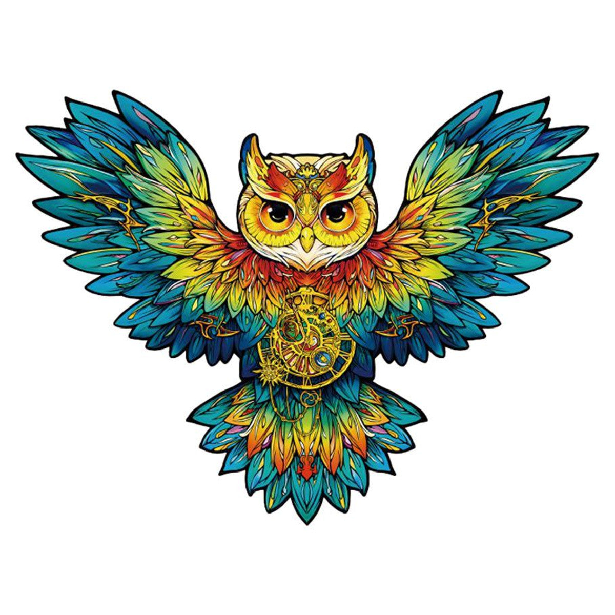 Colorful owl design with intricate patterns on a white background