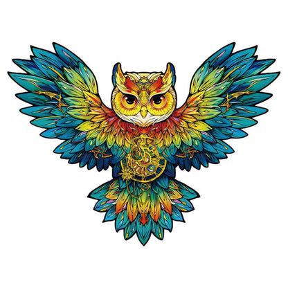 Colorful owl design with intricate patterns on a white background