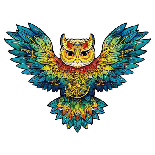 Colorful owl design with intricate patterns on a white background