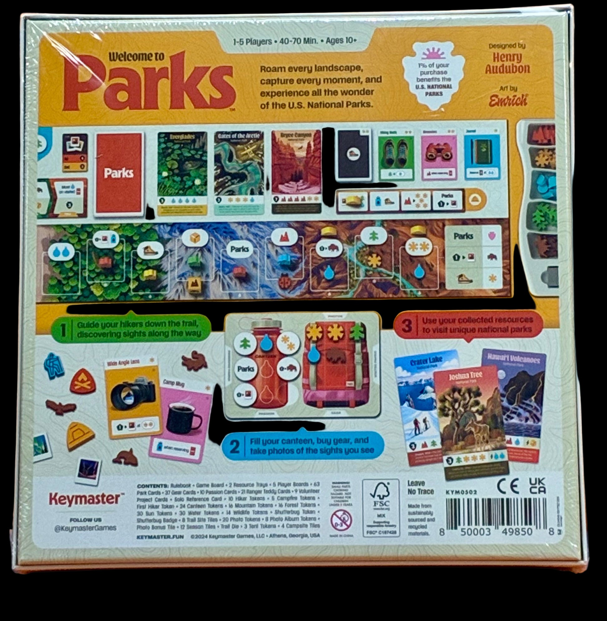 Board game box for 'Parks' with colorful graphics and text on an orange background