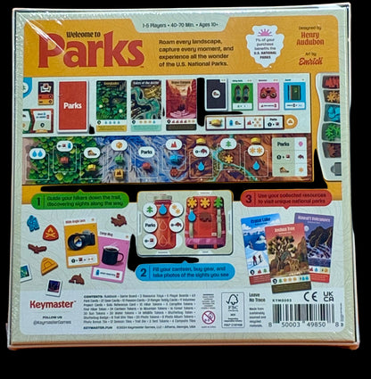 Board game box for 'Parks' with colorful graphics and text on an orange background