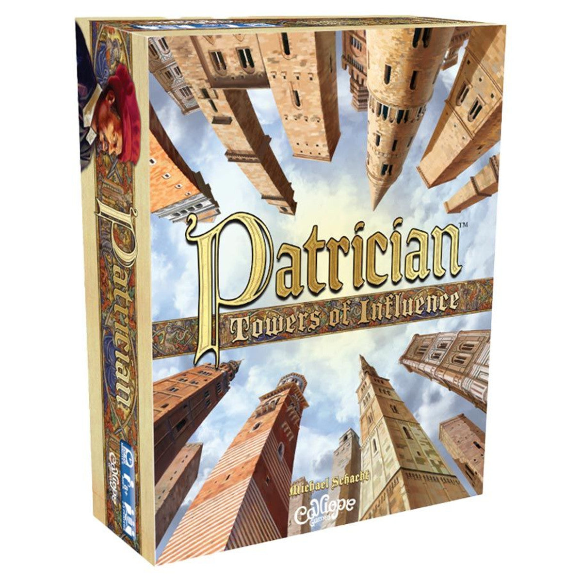 Board game box titled 'Patrician: Towers of Influence' with architectural illustrations on a white background.