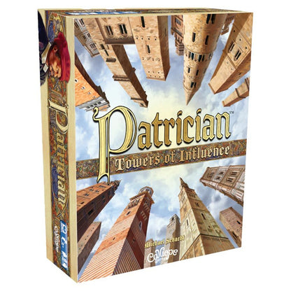 Board game box titled 'Patrician: Towers of Influence' with architectural illustrations on a white background.