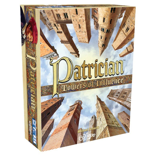 Board game box titled 'Patrician: Towers of Influence' with architectural illustrations on a white background.