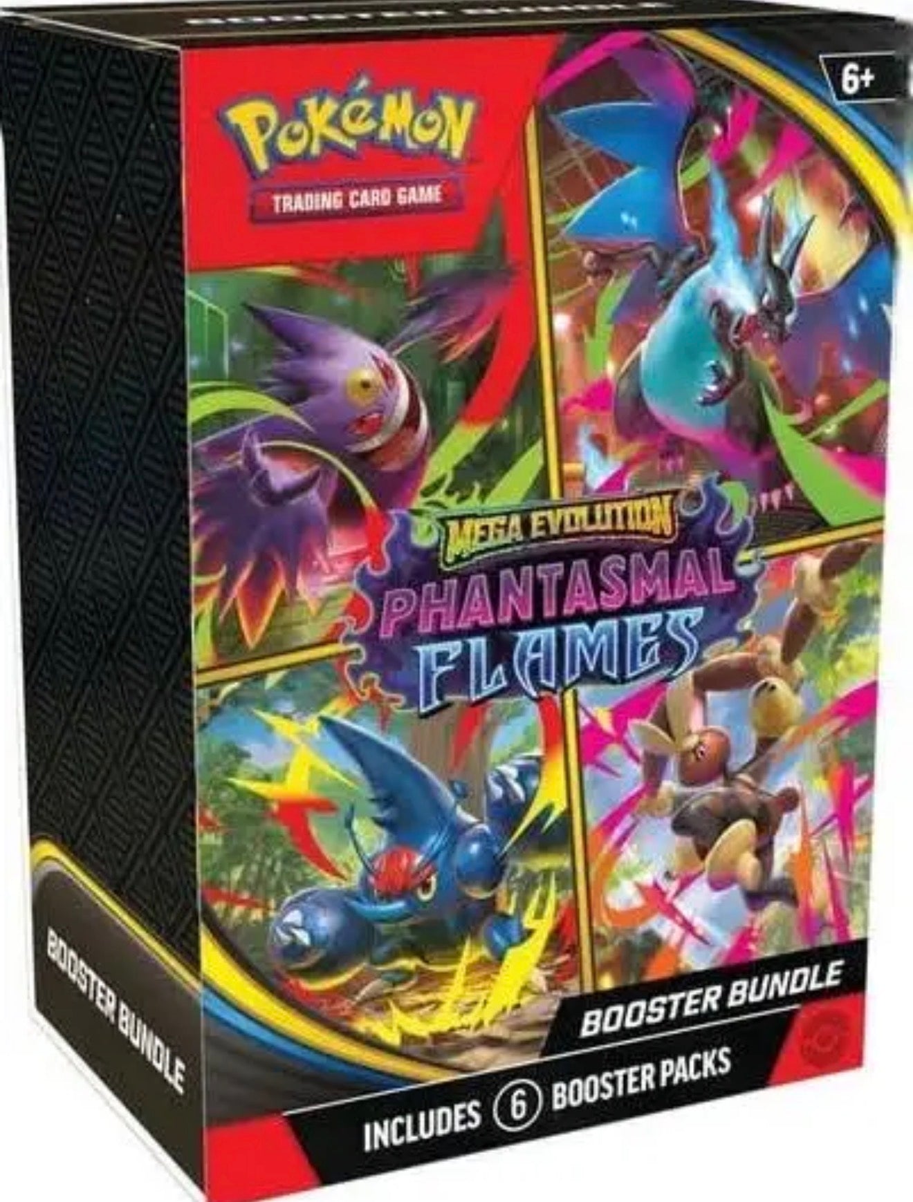 Pokémon trading card game booster bundle packaging with Mega Evolution Phantasmic Flames theme
