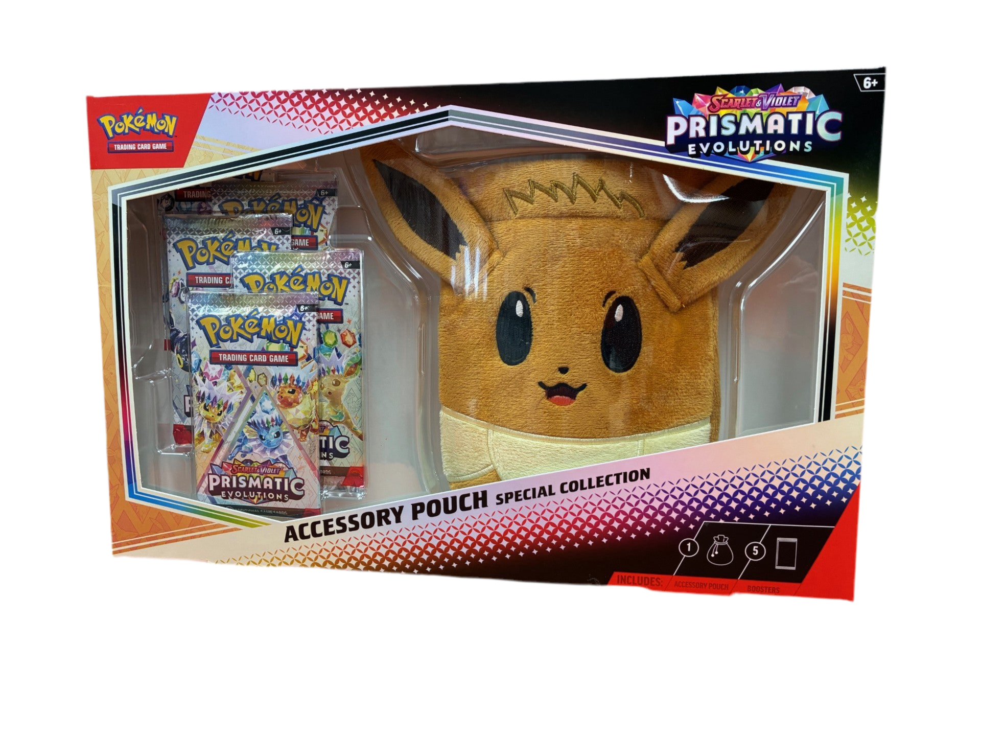 Pokémon accessory pouch with Eevee design and Prismatic Evolutions branding.