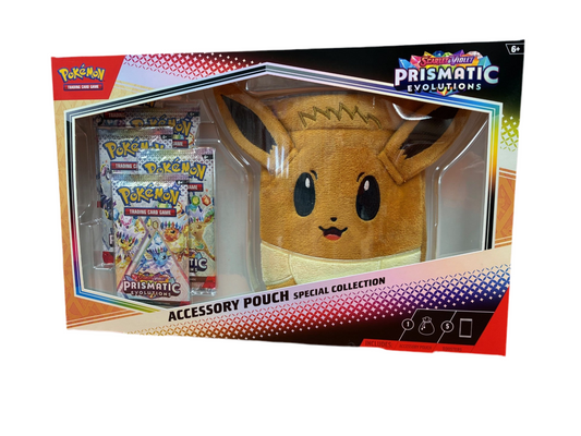Pokémon accessory pouch with Eevee design and Prismatic Evolutions branding.
