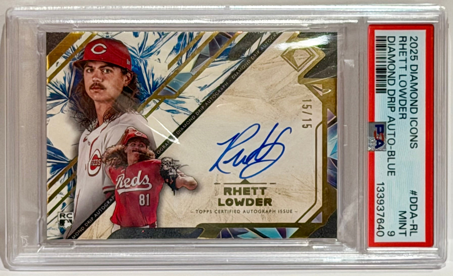 Baseball trading card of Rhett Lowder in a protective case with autograph and number details.