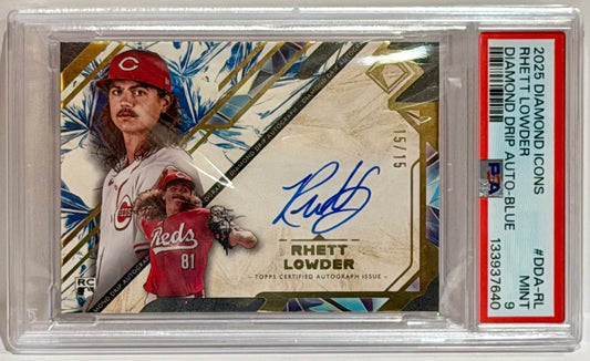 Baseball trading card of Rhett Lowder in a protective case with autograph and number details.