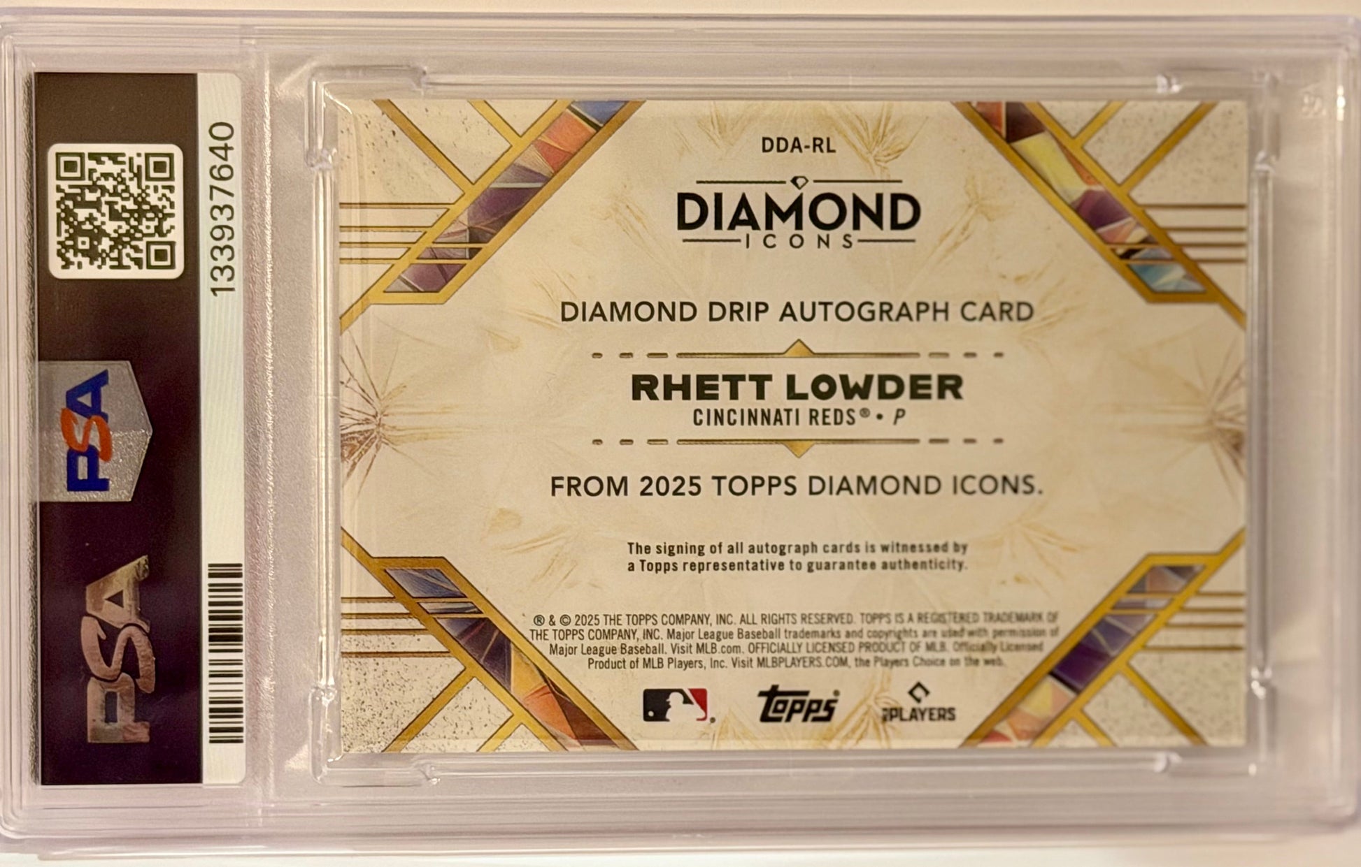 Diamond Icons sports trading card with Rhett Lowder's name on it, encased in a protective holder.