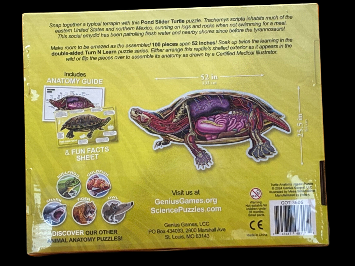 Back of a turtle-themed educational puzzle packaging with illustrations and text.