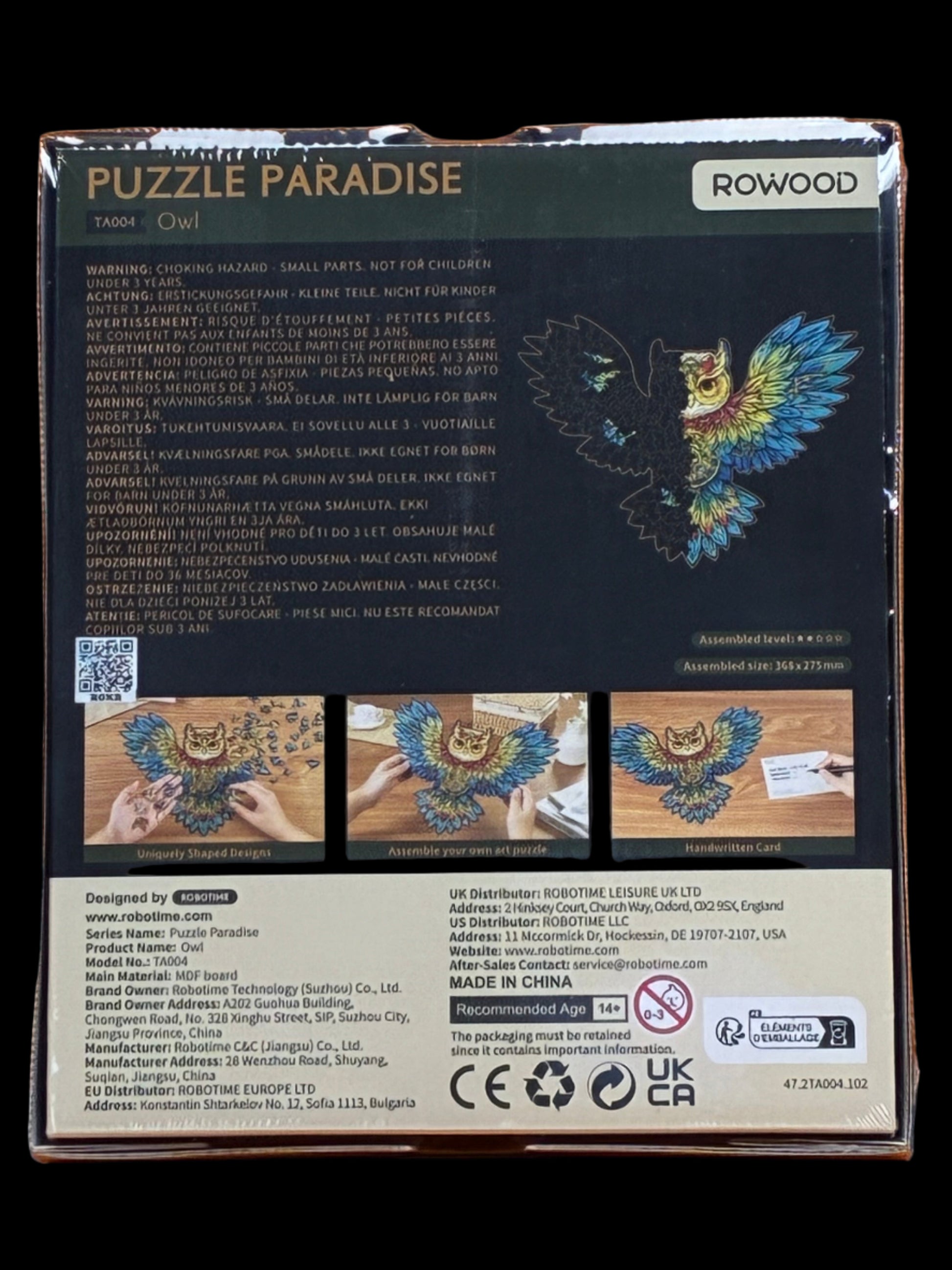 Back of a puzzle packaging with 'Puzzle Paradise' branding and owl design.