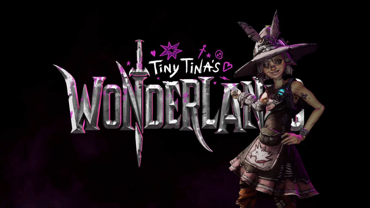 Character from 'Tiny Tina's Wonderlands' with the game title on a dark background
