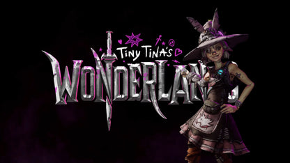 Character from 'Tiny Tina's Wonderlands' with the game title on a dark background